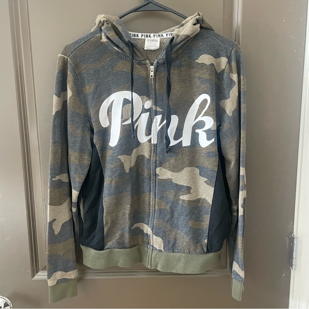 PINK Victoria's Secret Camo Zip-Up Hoodie Green and Gray White Logo Size Small